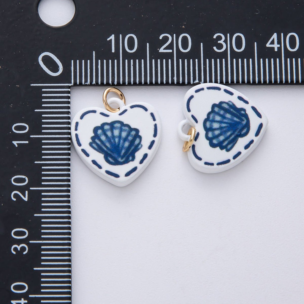 18K Gold Filled 17mm Blue Sea Shell White Enamel Heart Charm | AF1613