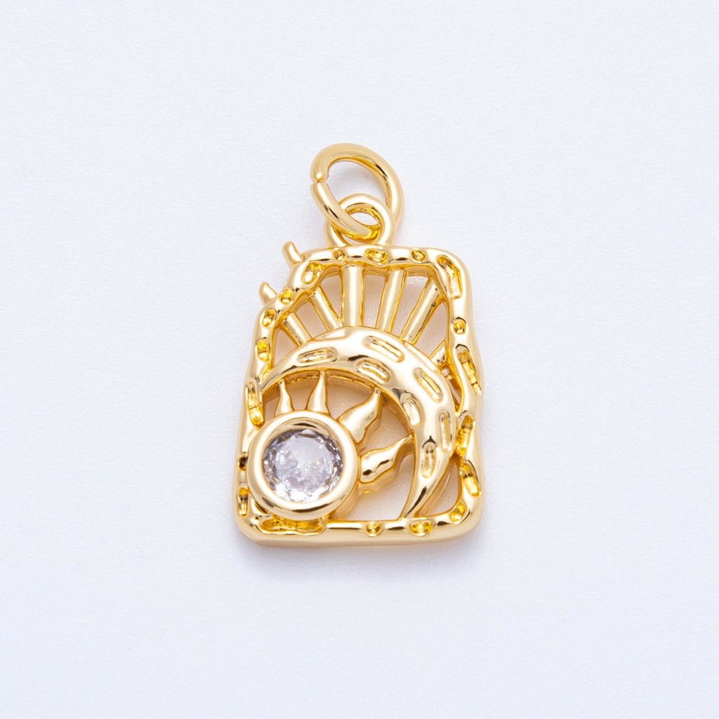 18K Gold Filled 17mm Clear CZ Celestial Sun Moon Molten Rectangle Charm | Charms-00348