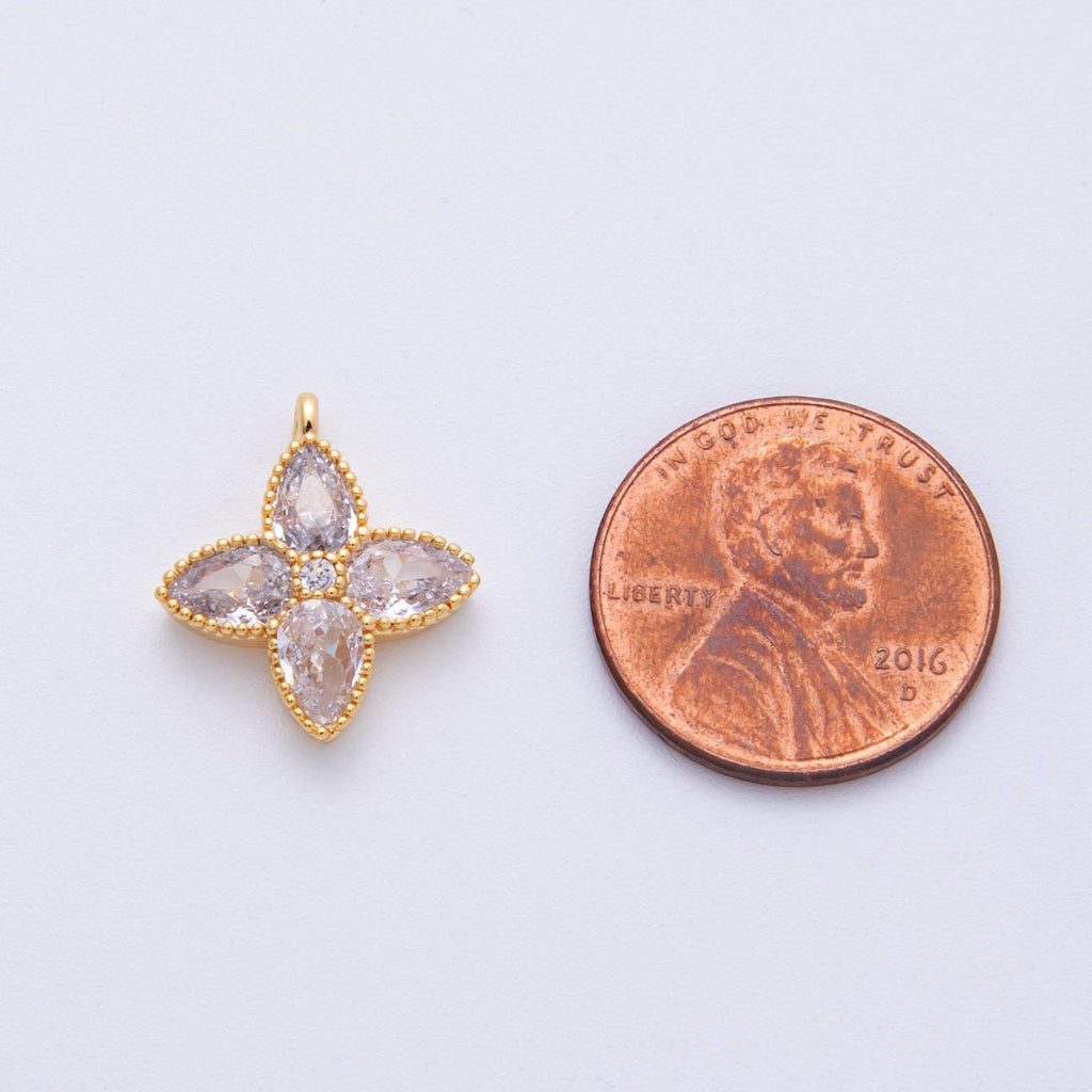 18K Gold Filled 17mm Clear CZ Clover Flower Bezel Charm | H239