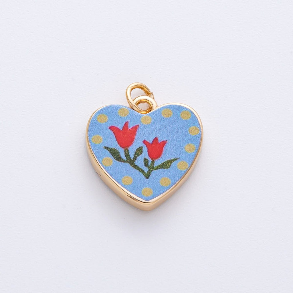 18K Gold Filled 17mm Red Flower Blue Enamel Heart Charm | AF1604