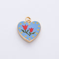 18K Gold Filled 17mm Red Flower Blue Enamel Heart Charm | AF1604