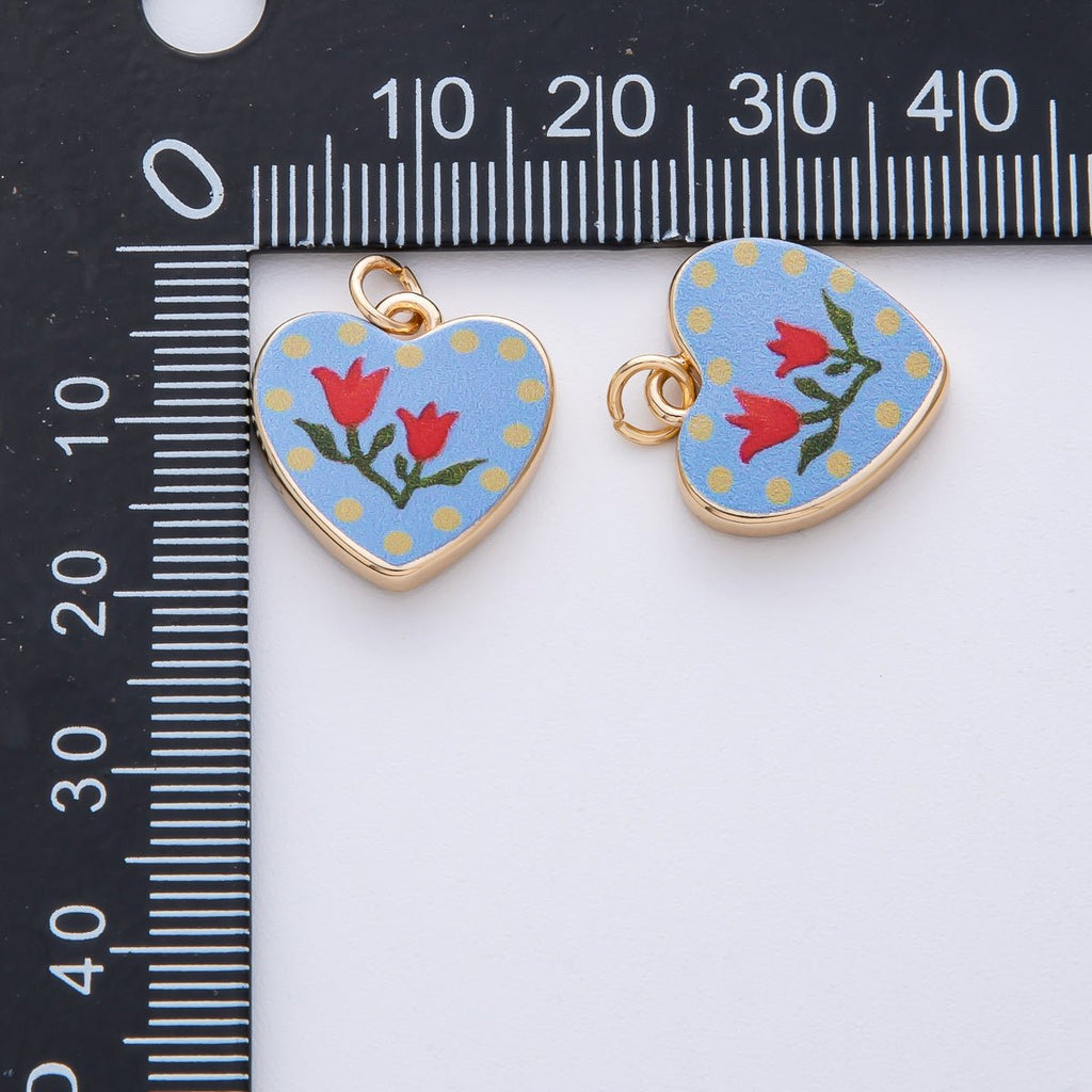 18K Gold Filled 17mm Red Flower Blue Enamel Heart Charm | AF1604