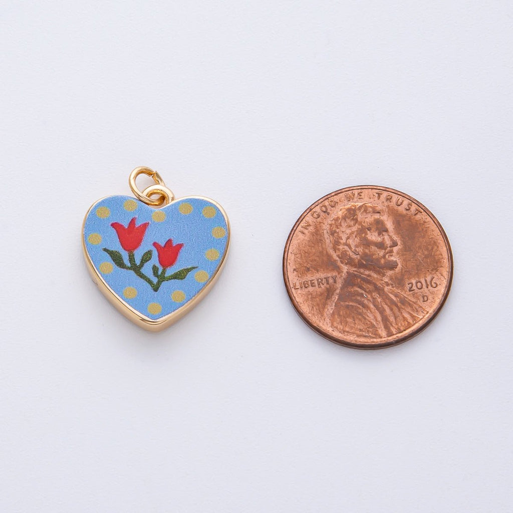 18K Gold Filled 17mm Red Flower Blue Enamel Heart Charm | AF1604