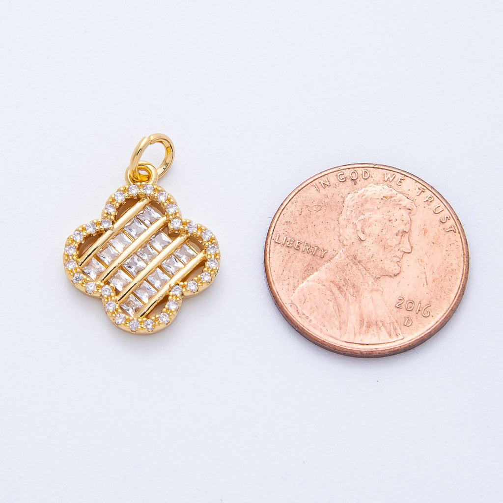 18K Gold Filled 17mm Woven Square Baguette CZ Micro Paved Clover Charm | AK179