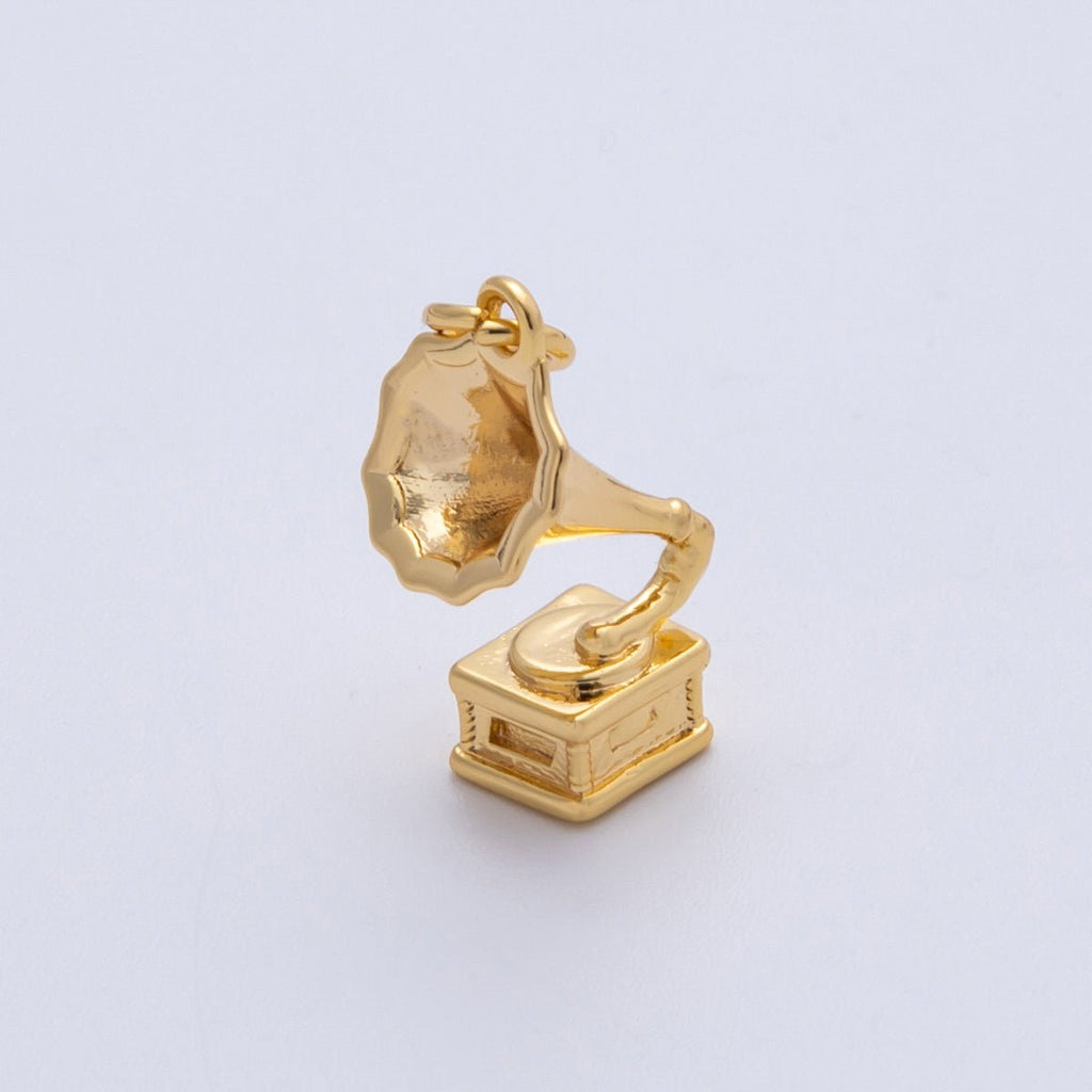 18K Gold Filled 18.5mm 3D Multidimensional Music Gramophone Vinyl Record Player | Charms-00293