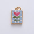 18K Gold Filled 18mm Pink Flower Blue Enamel Rectangular Charm | AF1598