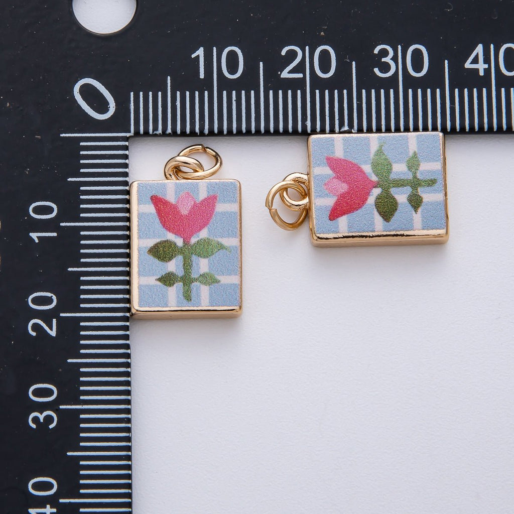 18K Gold Filled 18mm Pink Flower Blue Enamel Rectangular Charm | AF1598