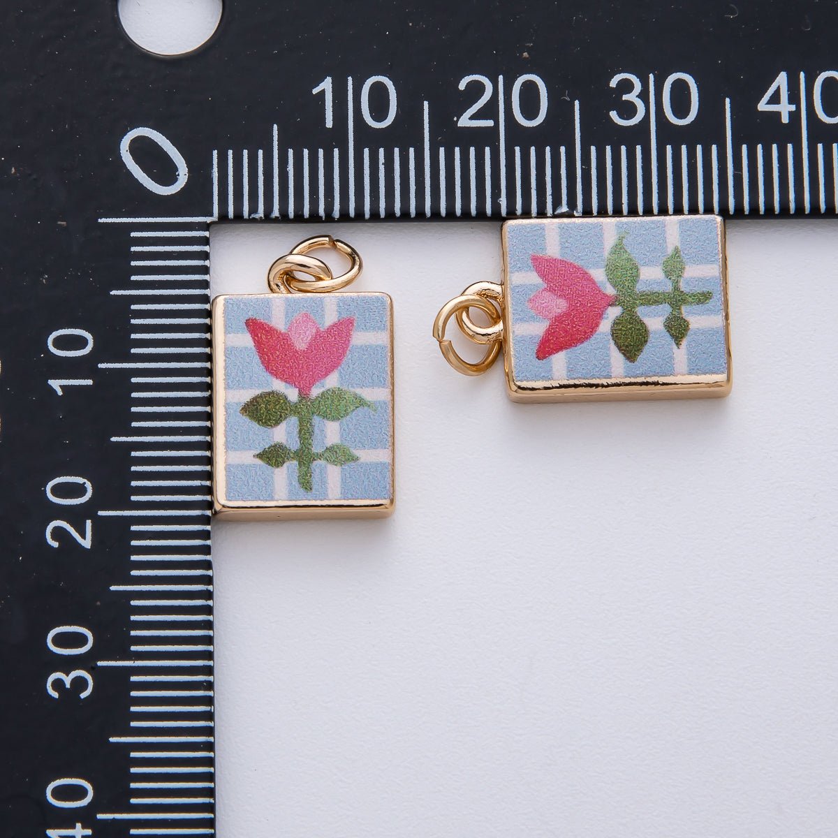 18K Gold Filled 18mm Pink Flower Blue Enamel Rectangular Charm | AF1598