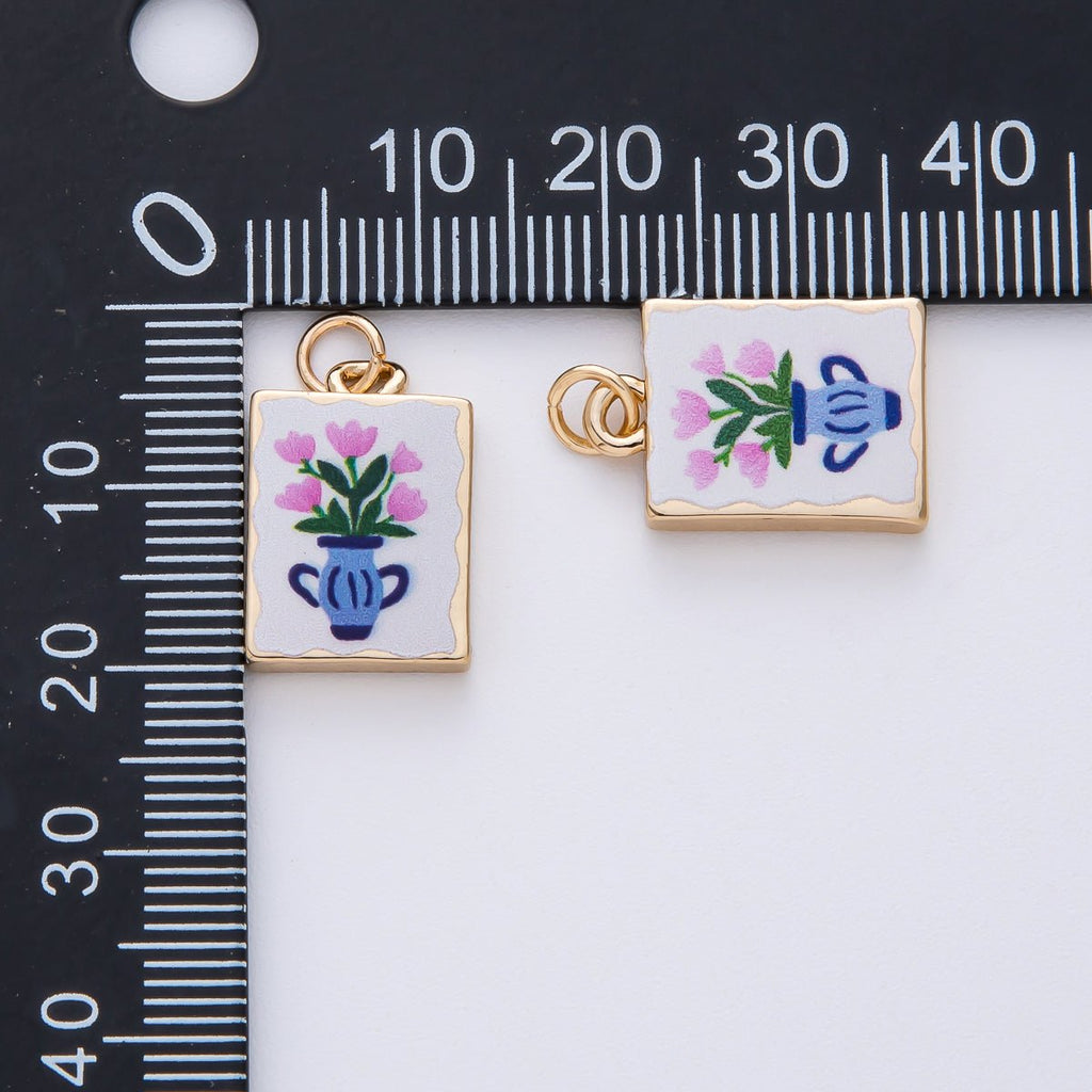 18K Gold Filled 18mm Pink Flower Blue Vase White Enamel Rectangular Charm | AF1601