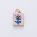 18K Gold Filled 18mm Pink Flower Blue Vase White Enamel Rectangular Charm | AF1601