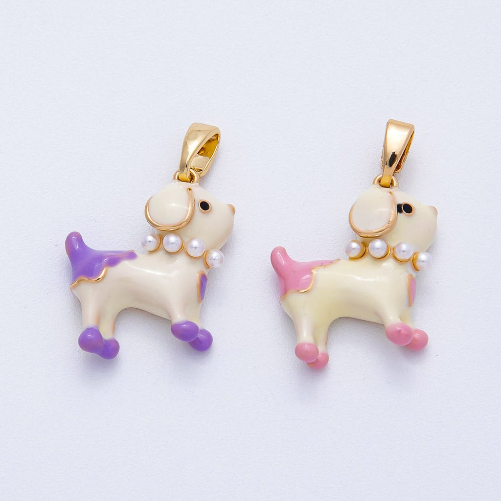 18K Gold Filled 18mm Purple, Pink Enamel Shell Pearl Dog Puppy Charm | Charms-00417 Charms-00418