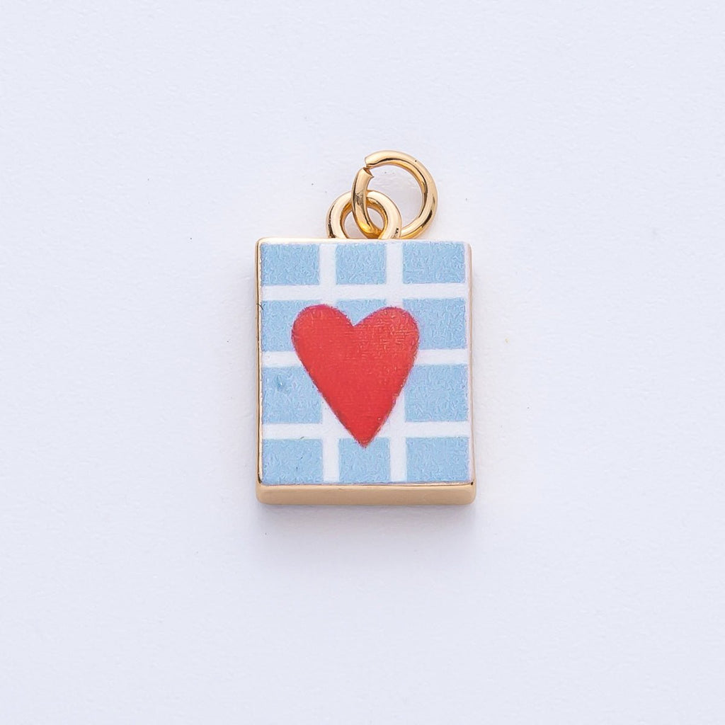 18K Gold Filled 18mm Red Heart Blue Enamel Rectangular Charm | AF1600
