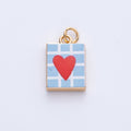 18K Gold Filled 18mm Red Heart Blue Enamel Rectangular Charm | AF1600