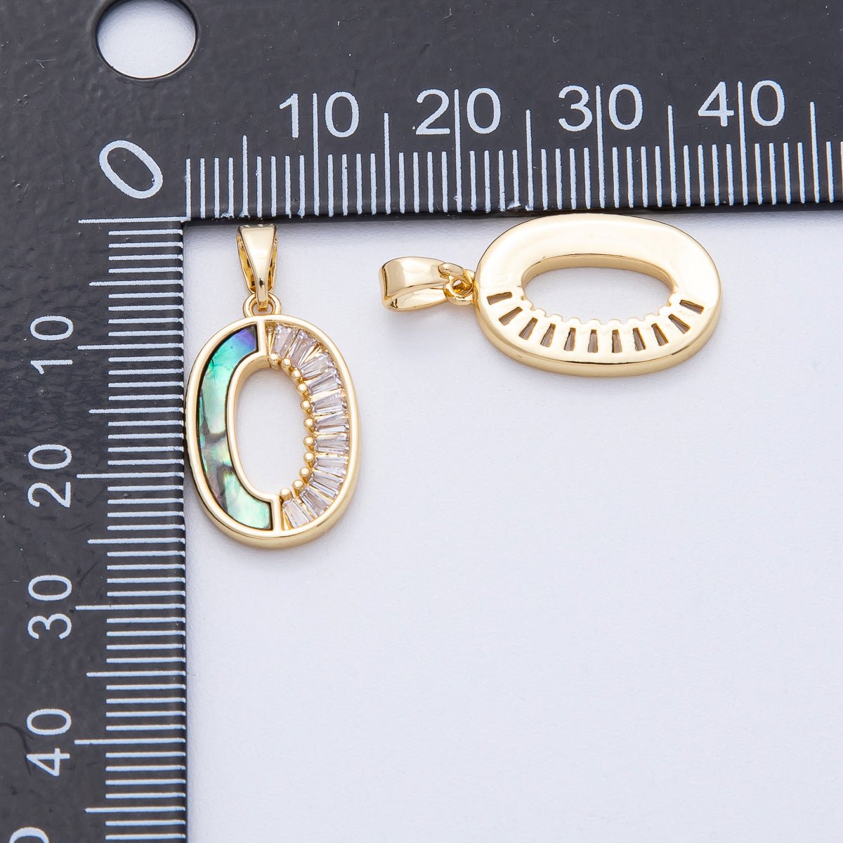 18K Gold Filled 19.5mm Clear Baguette CZ Abalone Gemstone Oblong Open Pendant | AF1221