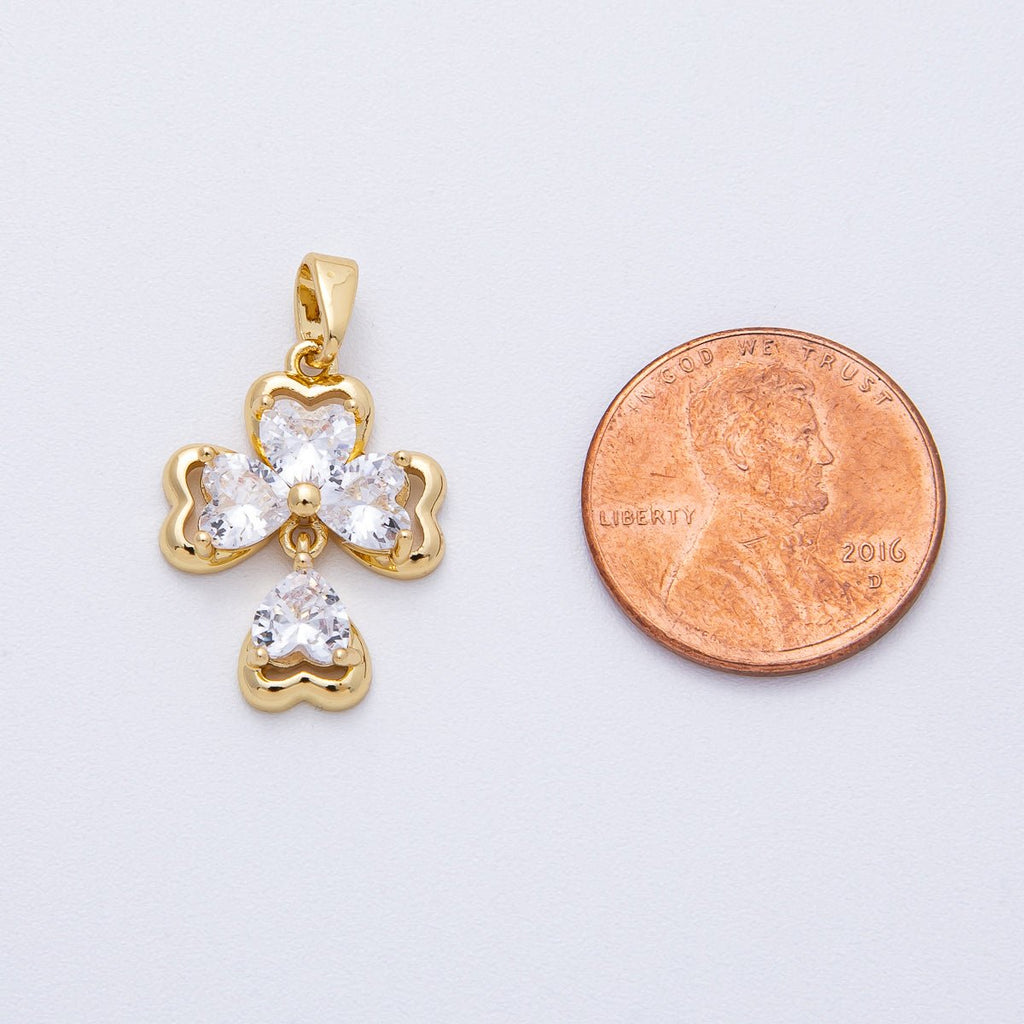 18K Gold Filled 20mm Clear CZ Clover Flower Religious Cross Drop Pendant | AF1216
