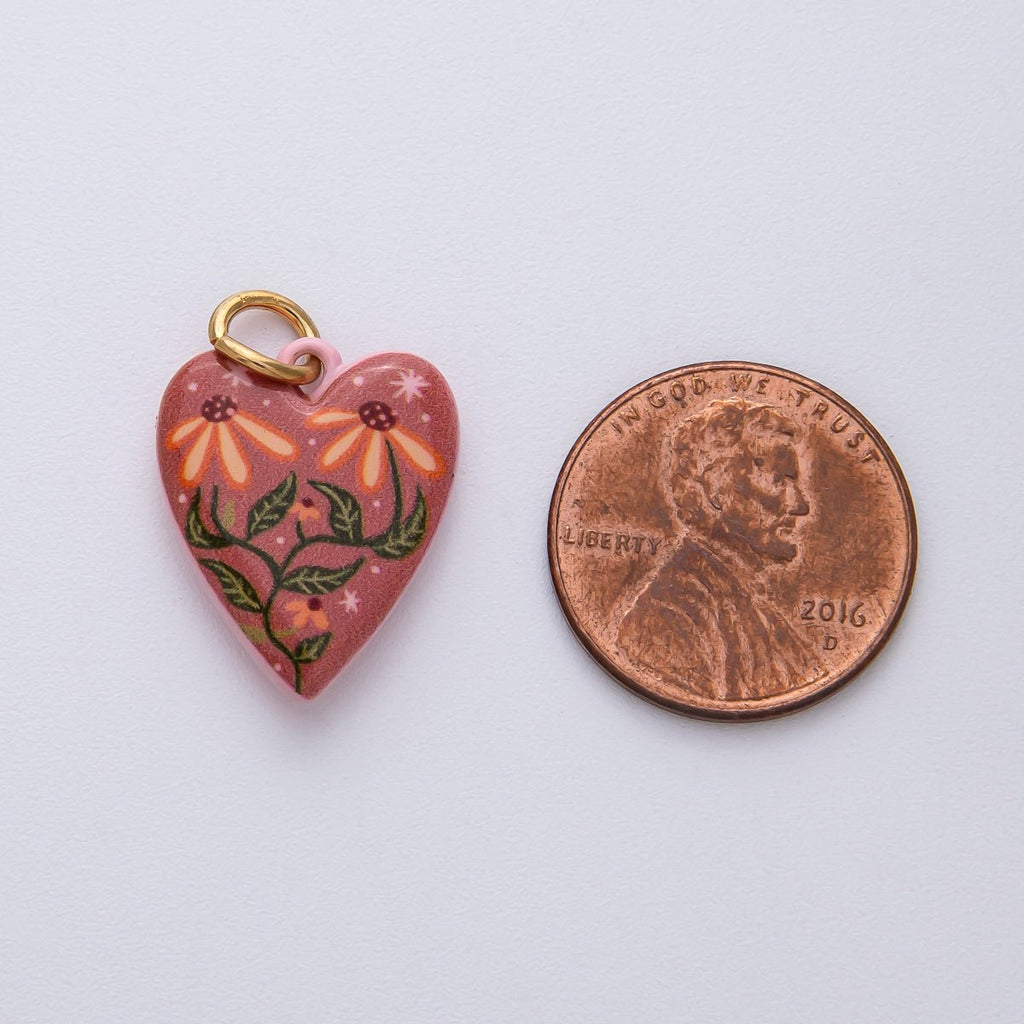 18K Gold Filled 19.5mm Pink-Red Double Sided Flower Enamel Heart Charm | AF1617
