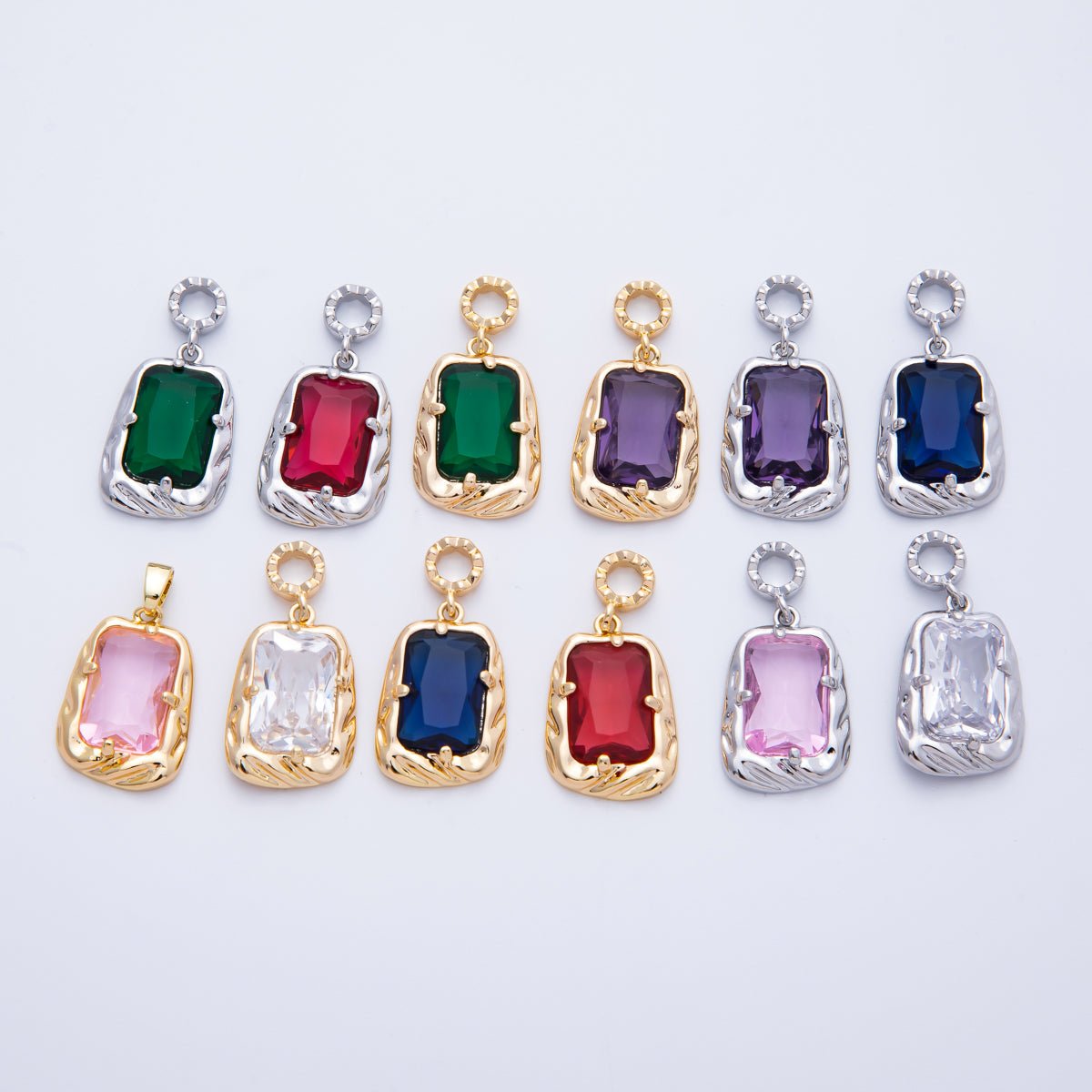 18K Gold Filled 19mm Blue, Red, Purple, Green, Clear, Pink Baguette CZ Molten Pendant in Gold & Silver | Charms-00267 ~ Charms-00278
