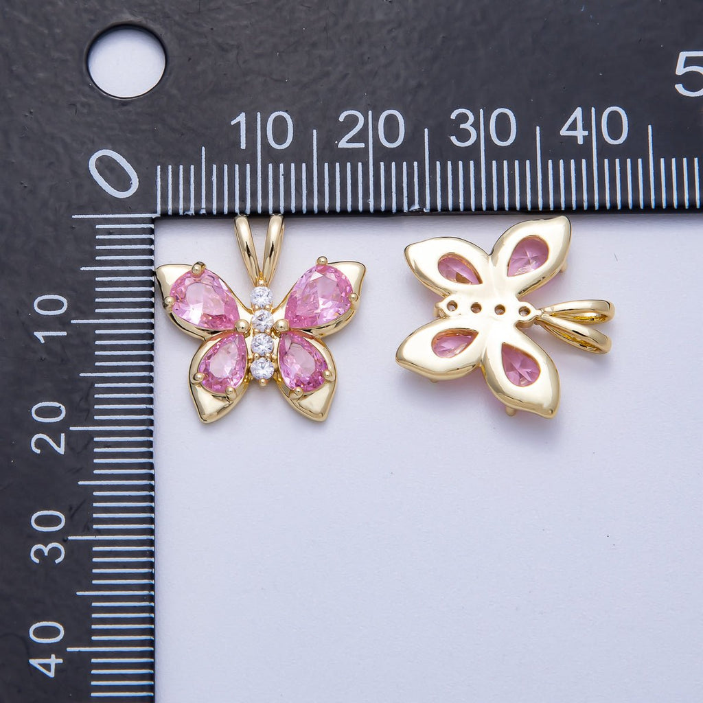 18K Gold Filled 19mm Pink CZ Micro Paved Butterfly Mariposa Animal Pendant | Charms-00538