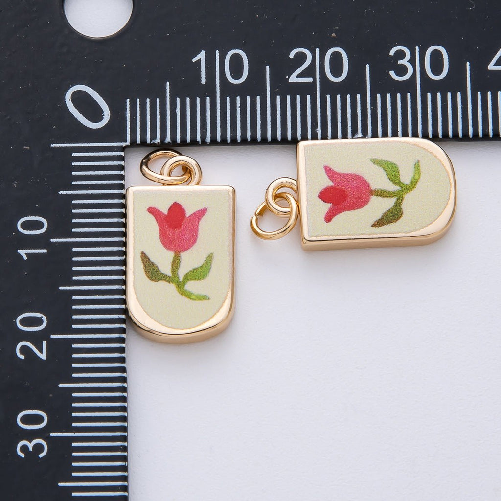 18K Gold Filled 19mm Red Tulip Flower Yellow Enamel Charm | AF1625