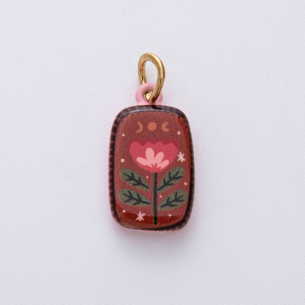 18K Gold Filled 20.5mm Red Brown Flower Enamel Double Sided Rectangular Charm | D420