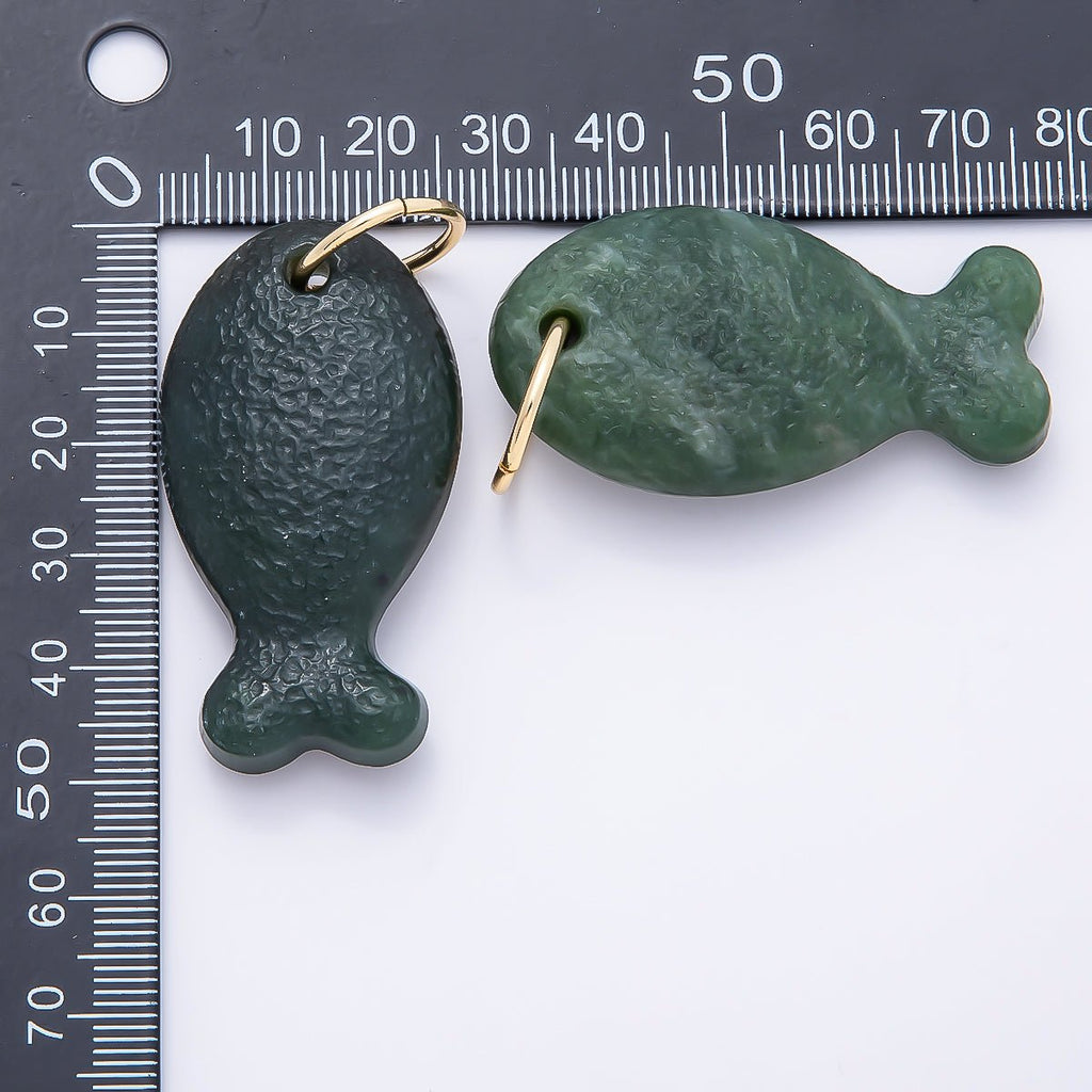 18K Gold Filled 20mm, 30mm, 38mm, 49mm Textured Jade Gemstone Fish Charm | Charms-01388 ~ Charms-01391