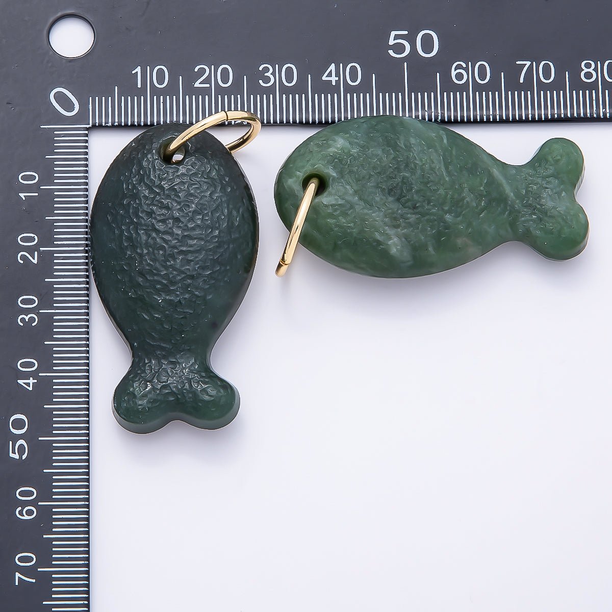 18K Gold Filled 20mm, 30mm, 38mm, 49mm Textured Jade Gemstone Fish Charm | Charms-01388 ~ Charms-01391