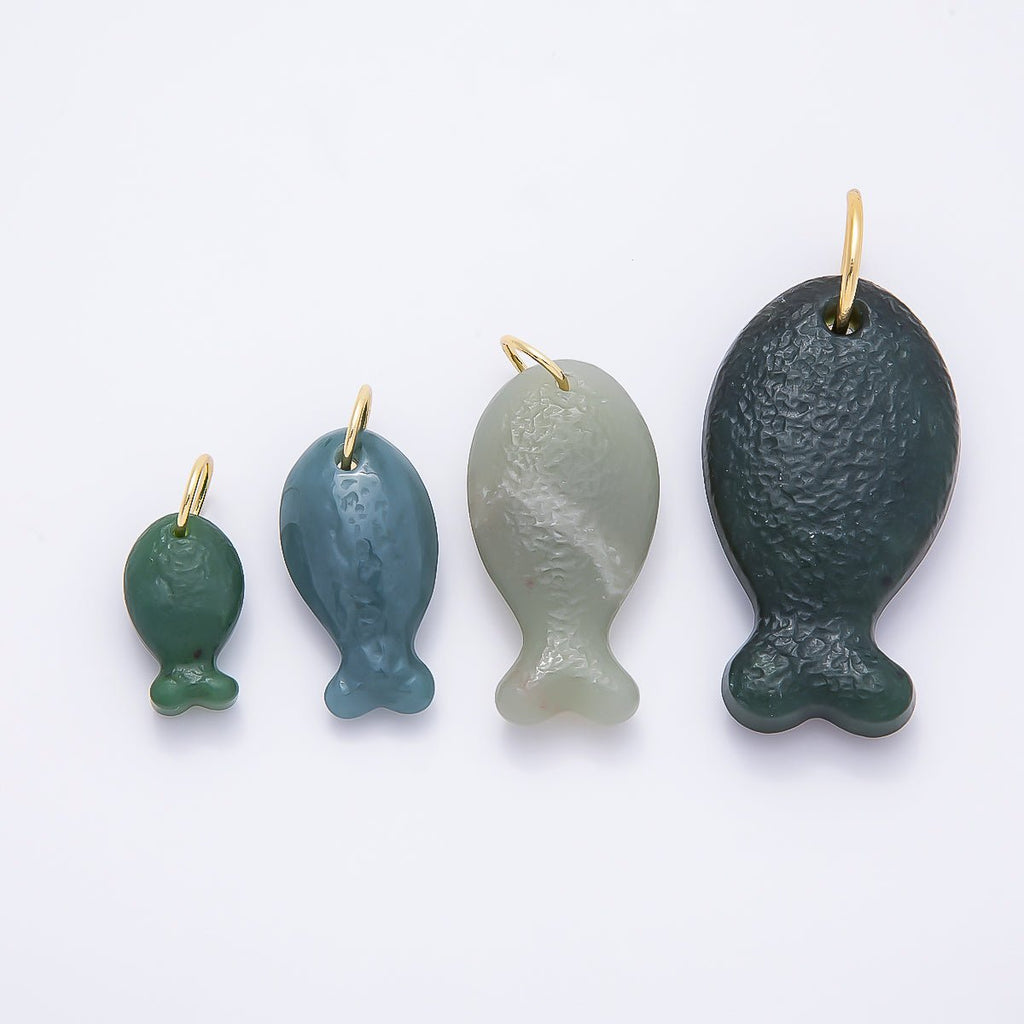 18K Gold Filled 20mm, 30mm, 38mm, 49mm Textured Jade Gemstone Fish Charm | Charms-01388 ~ Charms-01391