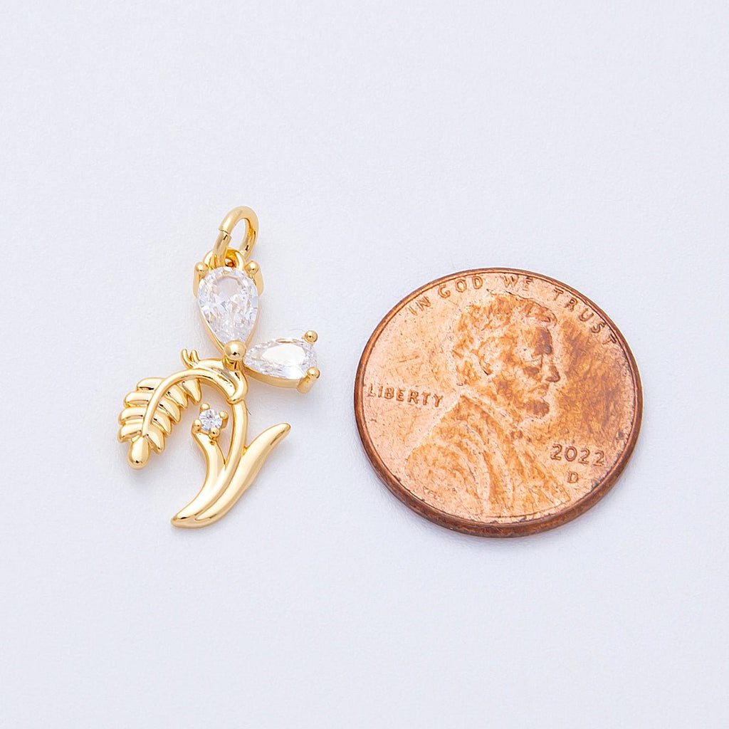 18K Gold Filled 20mm Clear CZ Butterfly Flower Plant Charm | Charms-00333
