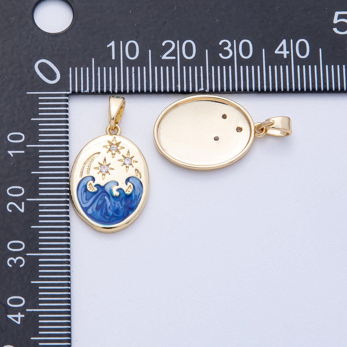 18K Gold Filled 20mm Clear CZ Celestial Crescent Moon Star Sea Ocean Oval Pendant | AF1233