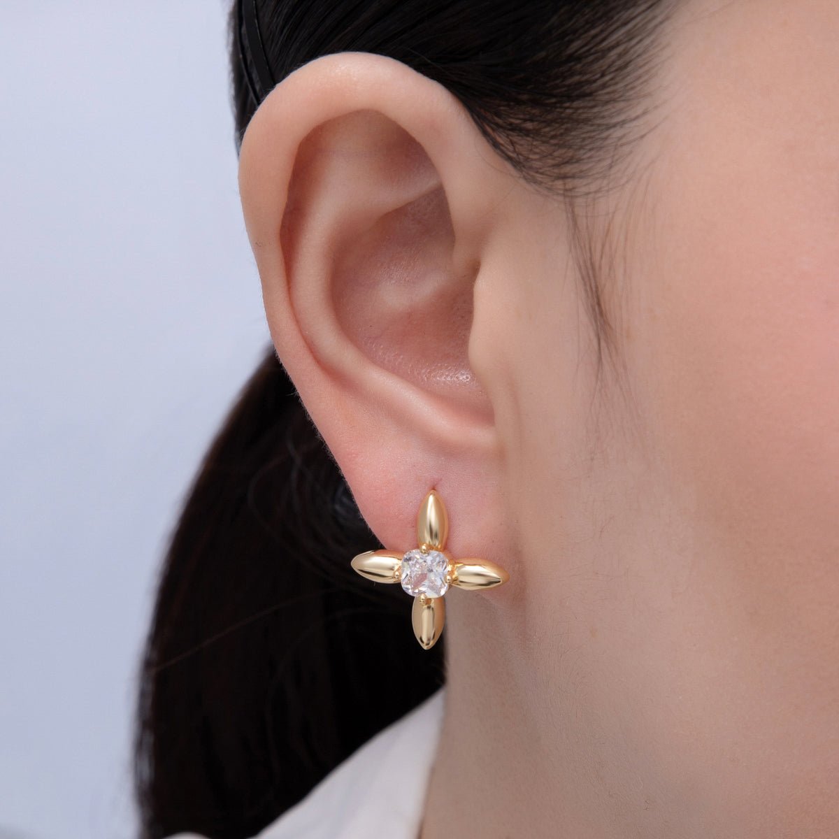 18K Gold Filled 20mm Clear CZ Petal Flower Stud Earrings | T129
