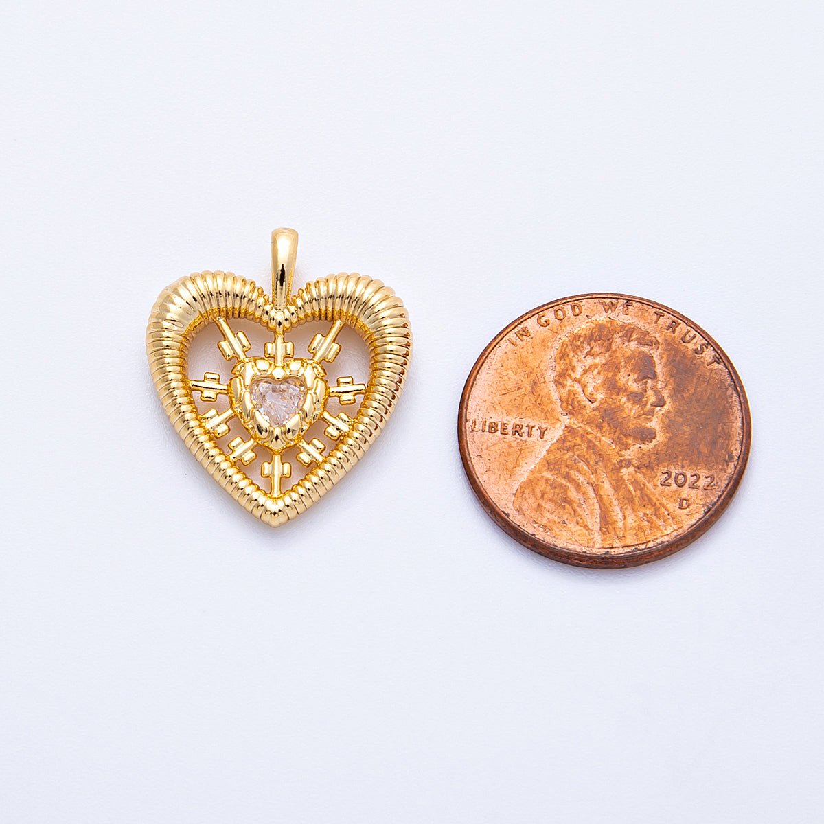 18K Gold Filled 20mm Clear CZ Pierced Sunburst Ribbed Heart Pendant | Charms-00341