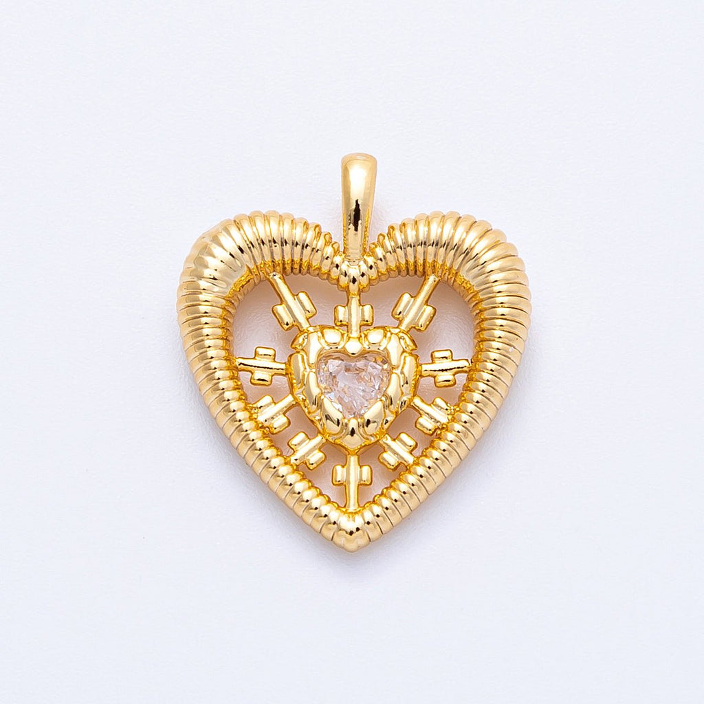 18K Gold Filled 20mm Clear CZ Pierced Sunburst Ribbed Heart Pendant | Charms-00341