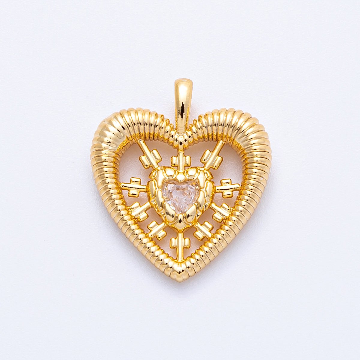 18K Gold Filled 20mm Clear CZ Pierced Sunburst Ribbed Heart Pendant | Charms-00341