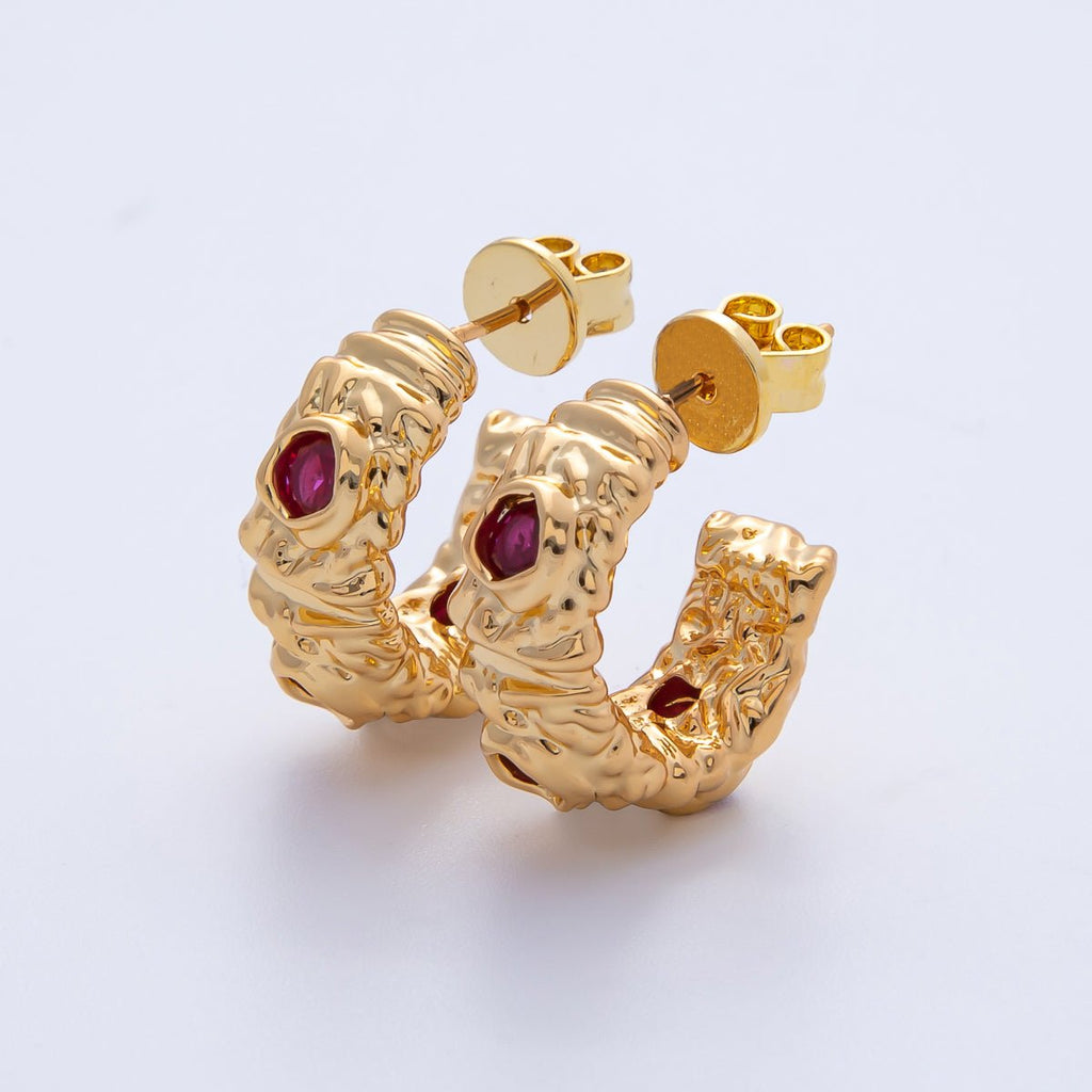18K Gold Filled 20mm Fuchsia, Clear CZ Hammered Molten C-Shaped Hoop Earrings | AE623 AE624