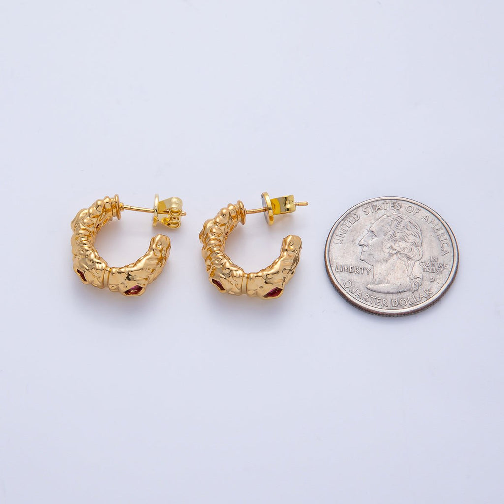 18K Gold Filled 20mm Fuchsia, Clear CZ Hammered Molten C-Shaped Hoop Earrings | AE623 AE624
