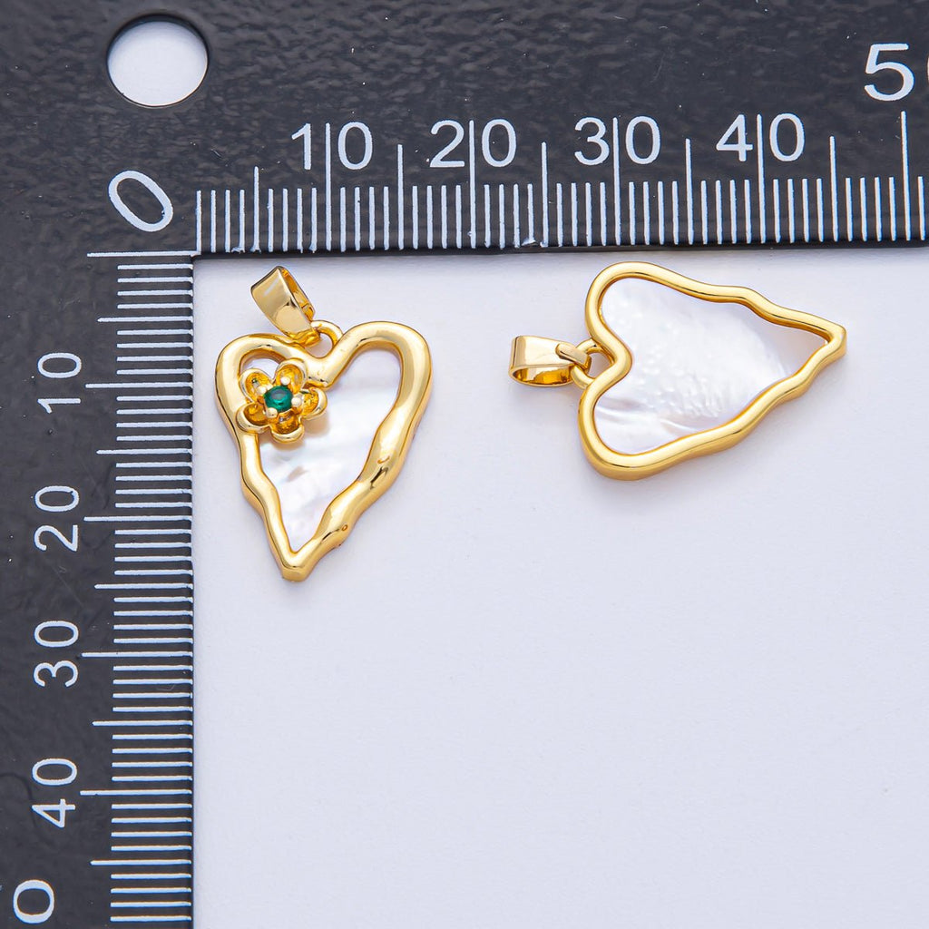 18K Gold Filled 20mm Green CZ Flower Shell Pearl Molten Heart Pendant in Gold & Silver | AF1204