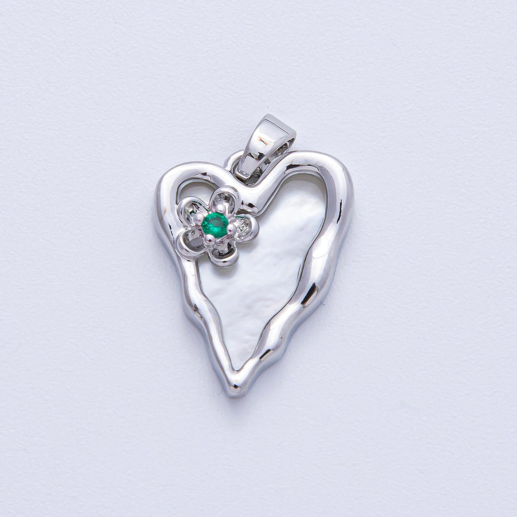 18K Gold Filled 20mm Green CZ Flower Shell Pearl Molten Heart Pendant in Gold & Silver | AF1204