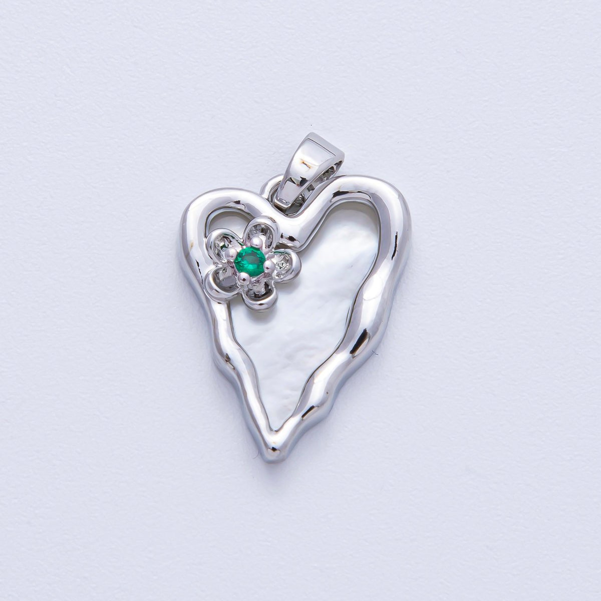 18K Gold Filled 20mm Green CZ Flower Shell Pearl Molten Heart Pendant in Gold & Silver | AF1204