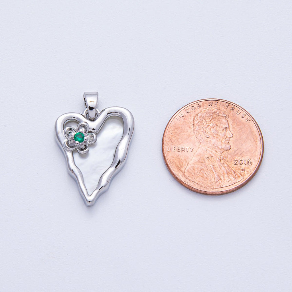 18K Gold Filled 20mm Green CZ Flower Shell Pearl Molten Heart Pendant in Gold & Silver | AF1204