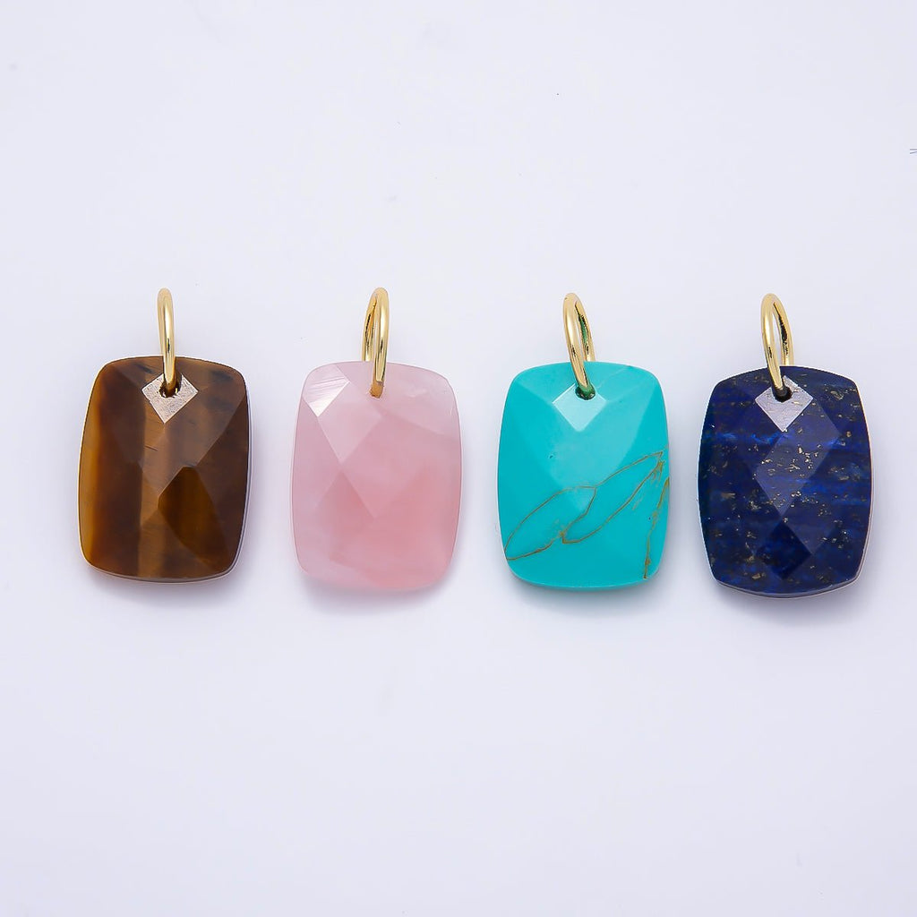 18K Gold Filled 20mm Lapis Lazuli, Turquoise, Rose Quartz, Tiger Eye Multifaceted Gemstone Rectangle Charm | Charms-01421 ~ Charms-01423