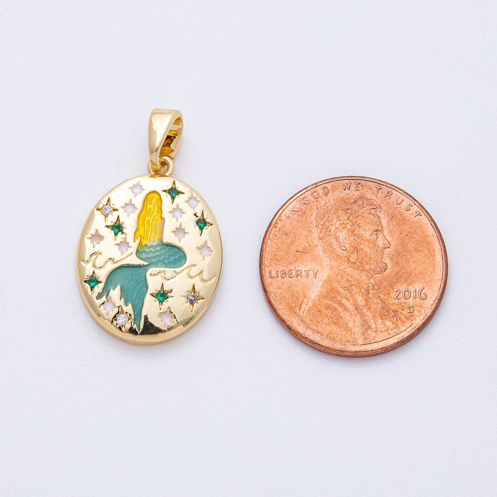 18K Gold Filled 20mm Mermaid Ocean Engraved CZ Oval Pendant | AF1215