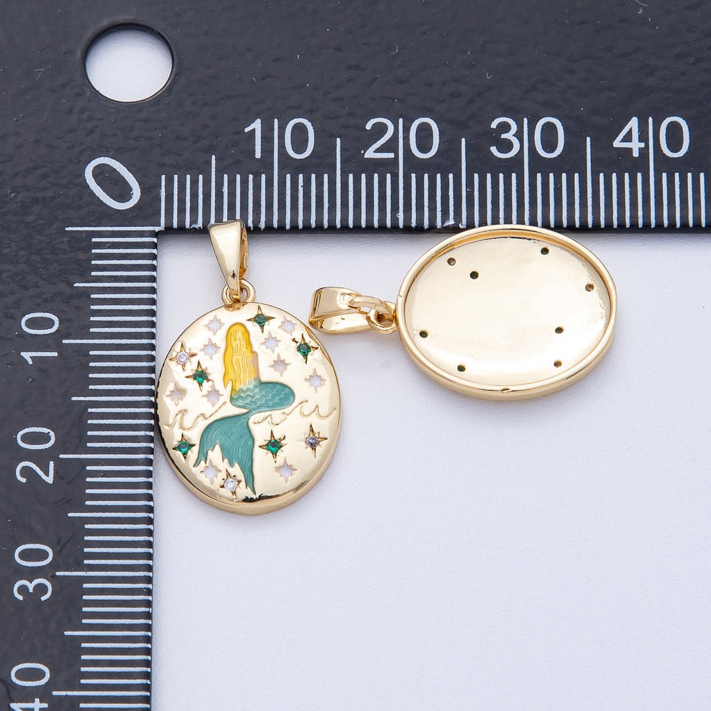 18K Gold Filled 20mm Mermaid Ocean Engraved CZ Oval Pendant | AF1215