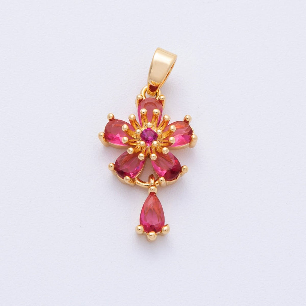 18K Gold Filled 20mm Red CZ Flower Drop Charms | Charms-00109
