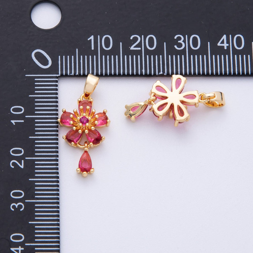 18K Gold Filled 20mm Red CZ Flower Drop Charms | Charms-00109