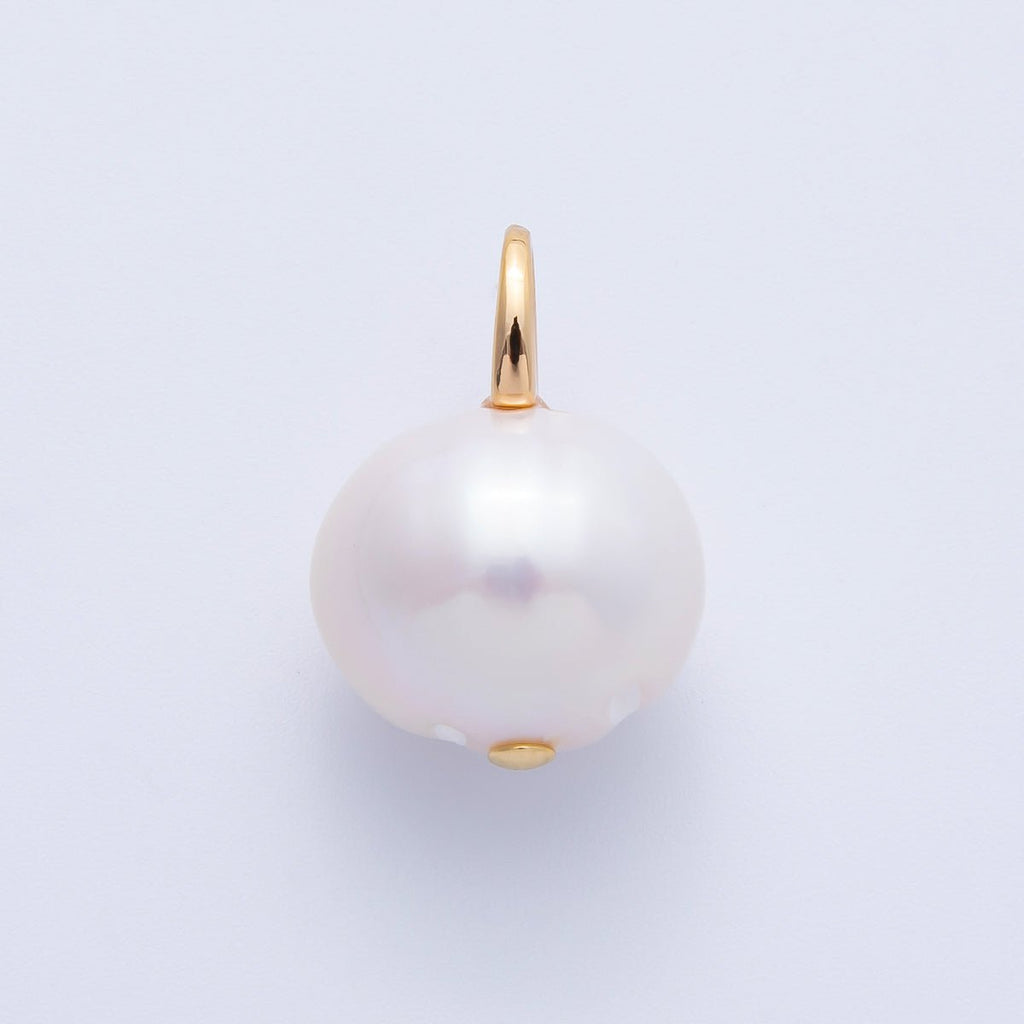 18K Gold Filled 20mm Ringed White Shell Pearl Round Drop Pendant | Charms-00323