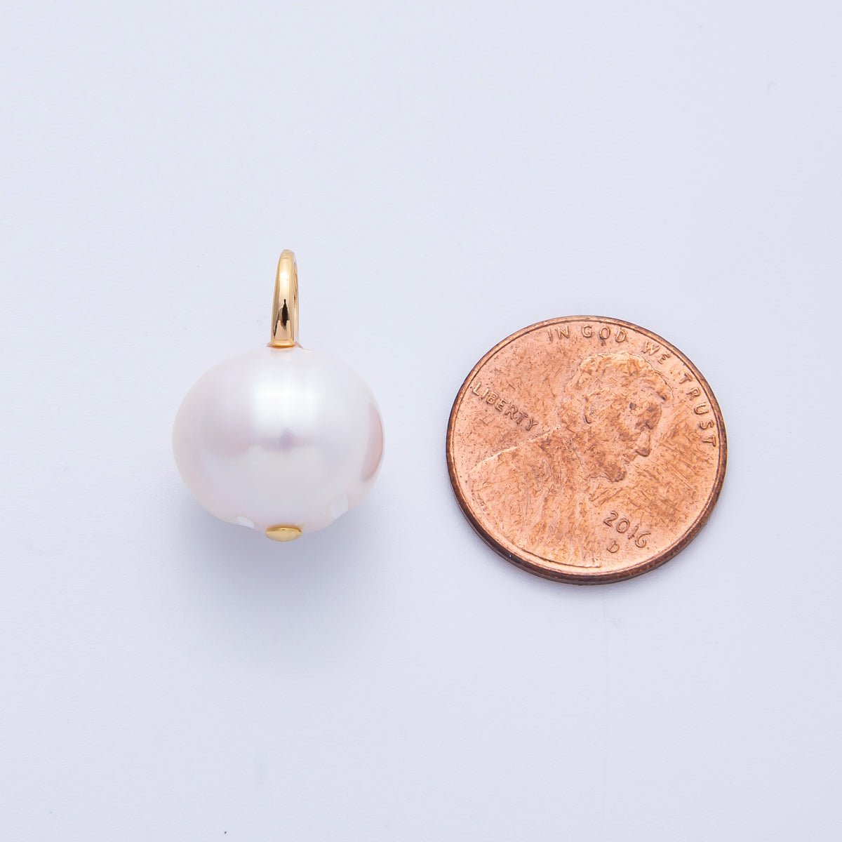 18K Gold Filled 20mm Ringed White Shell Pearl Round Drop Pendant | Charms-00323