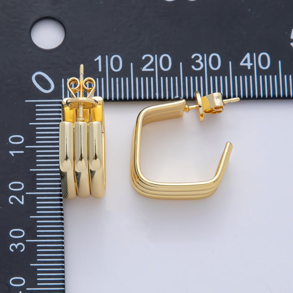 18K Gold Filled 20mm Triple Band Square C-Shaped Hoop Earrings | AD1644