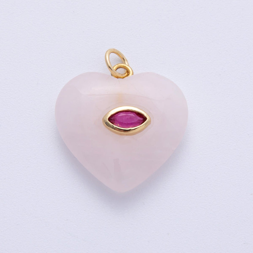 18K Gold Filled 21.5mm Marquise Embedded Rose Quartz, Amethyst, Onyx, Amazonite, Lapis Lazuli, Tiger Eye Heart Charm | AK218 - AK220