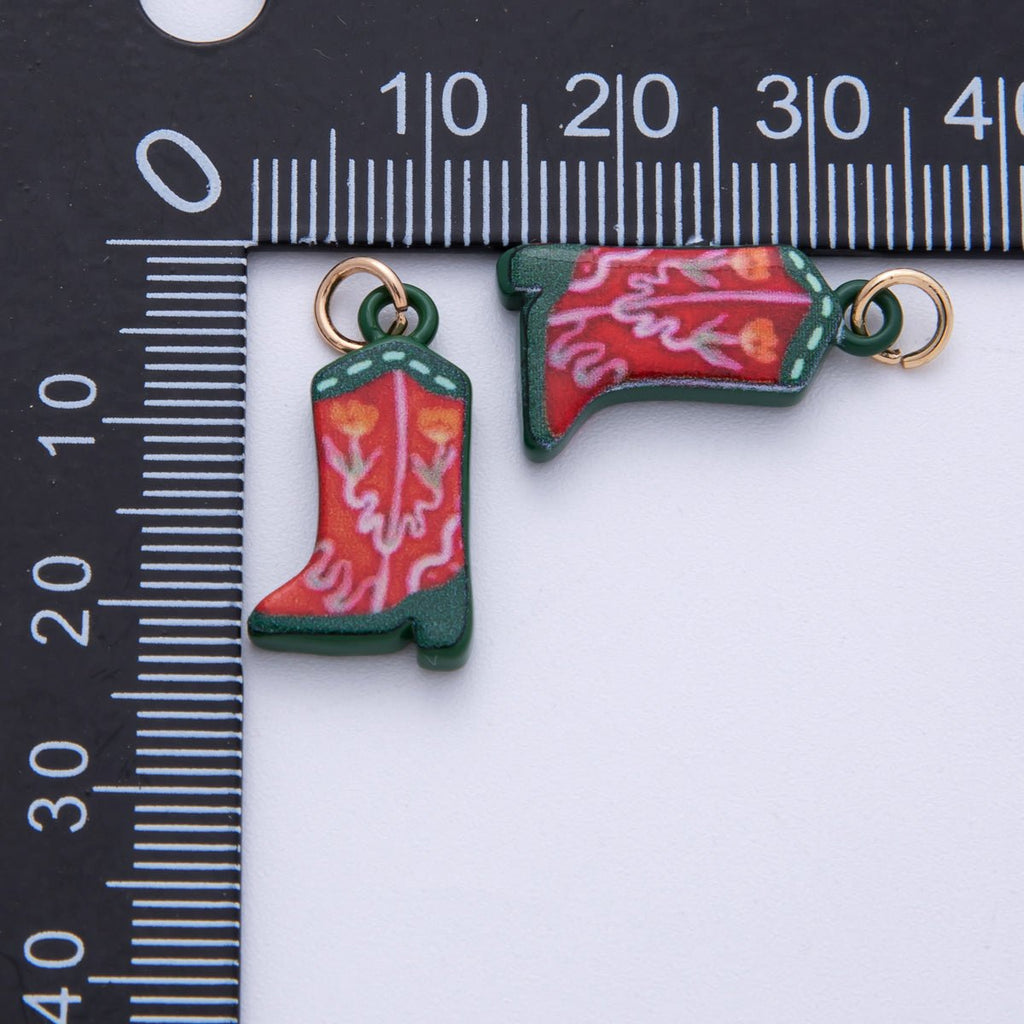 18K Gold Filled 21mm Blue, Green Flower Print Cowboy Shoes Charm | AF1606 AF1607