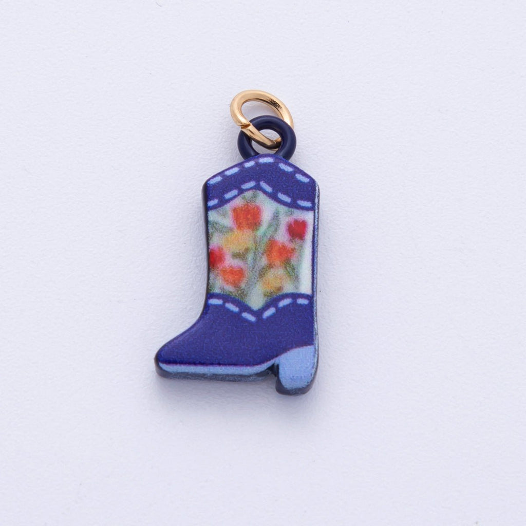 18K Gold Filled 21mm Blue, Green Flower Print Cowboy Shoes Charm | AF1606 AF1607